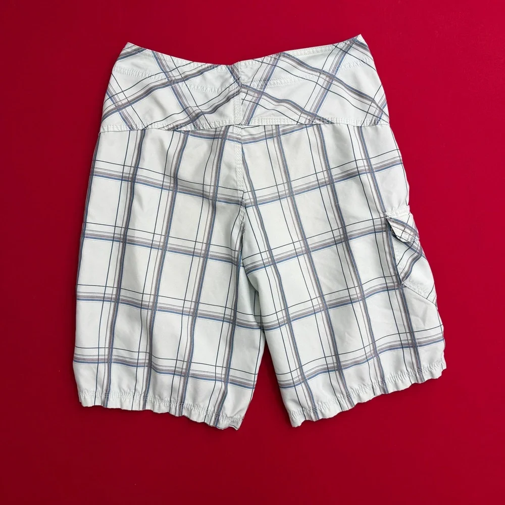 VTG Y2K Hurley Mens Plaid Board Shorts SIZE LARGE White Blue Cargo Swim Trunks‎